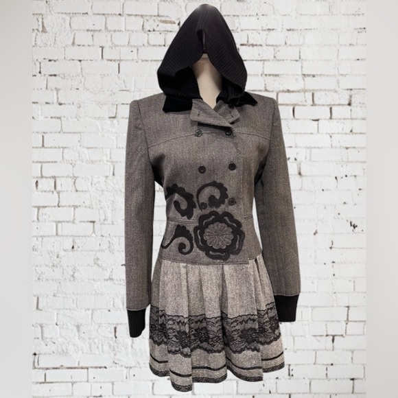 100% Wool Gray Black Lace with Hoodie Pleated Jacket Pea Coat Double Breasted - Picture 10 of 10